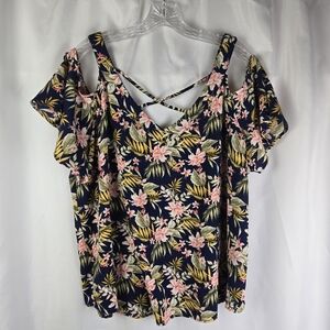 Flower & Feather Tropical Floral Cold Shoulder Flutter Sleeve Gauzy Top Plus 3X
